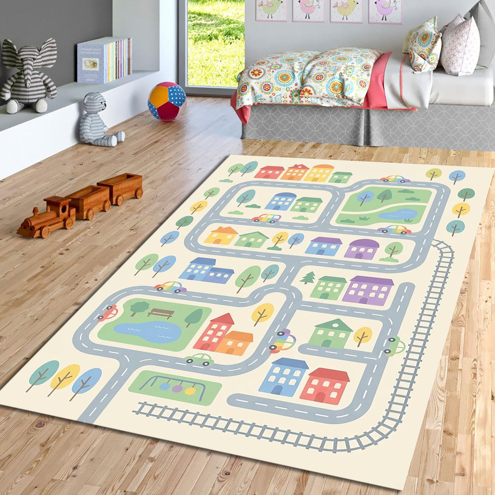 Kids Road Map Rug, Washable Play Mat Rug, Non Slip Nursery &
