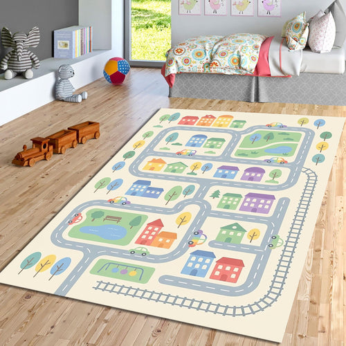 Kids Road Map Rug, Washable Play Mat Rug, Non Slip Nursery &