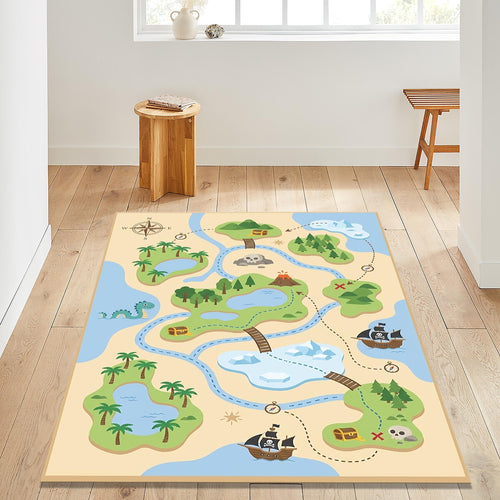 Kids Pirate Treasure Map Rug Washable Playroom Nursery Floor Mat