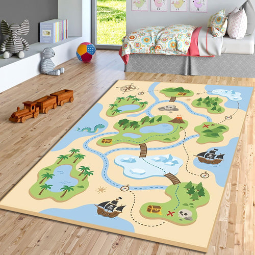 Kids Pirate Treasure Map Rug Washable Playroom Nursery Floor Mat