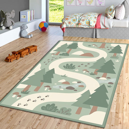 Adventure Forest Kids Rug, Nature Playroom Rug, Washable Nursery