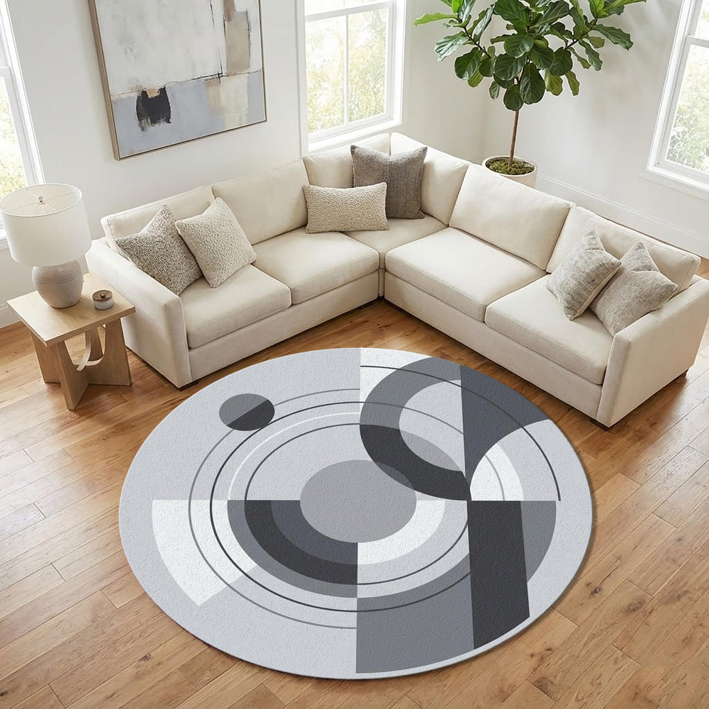 Modern Abstract Grey Round Rug Minimalist Geometric Circle Carpet