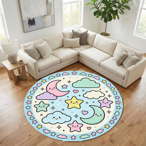 Kawaii Pastel Round Rug, Cute Star & Moon Kids Carpet
