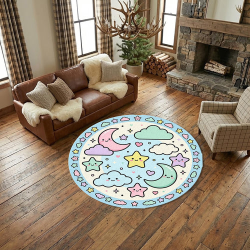 Kawaii Pastel Round Rug, Cute Star & Moon Kids Carpet