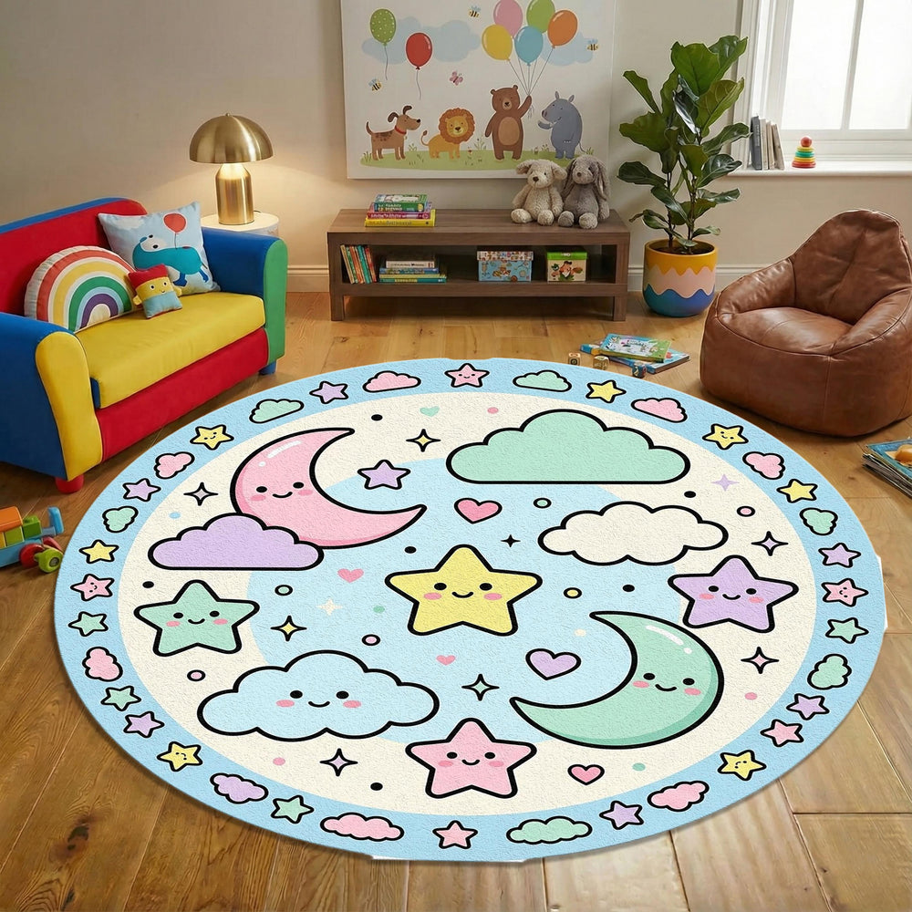 Kawaii Pastel Round Rug, Cute Star & Moon Kids Carpet