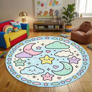 Kawaii Pastel Round Rug, Cute Star & Moon Kids Carpet