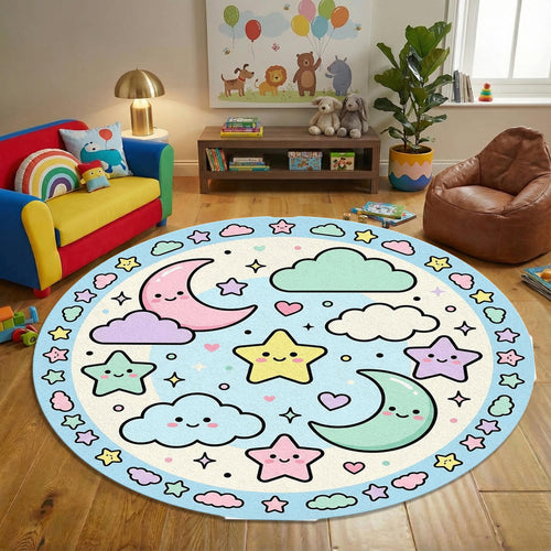 Kawaii Pastel Round Rug, Cute Star & Moon Kids Carpet