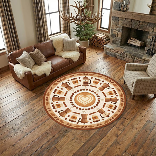 Coffee Theme Round Rug Latte Art Kitchen Carpet with Moka Pot &