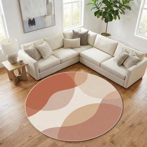 Abstract Terracotta Round Rug Neutral Beige Brown Modern Circle