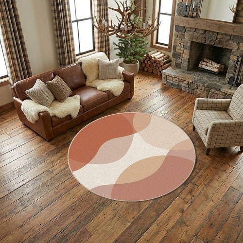Abstract Terracotta Round Rug Neutral Beige Brown Modern Circle