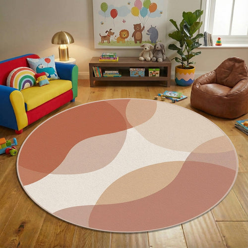 Abstract Terracotta Round Rug Neutral Beige Brown Modern Circle