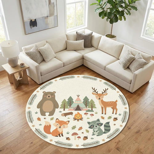 Woodland Animals Kids Round Rug Bear Deer Fox Raccoon Nursery