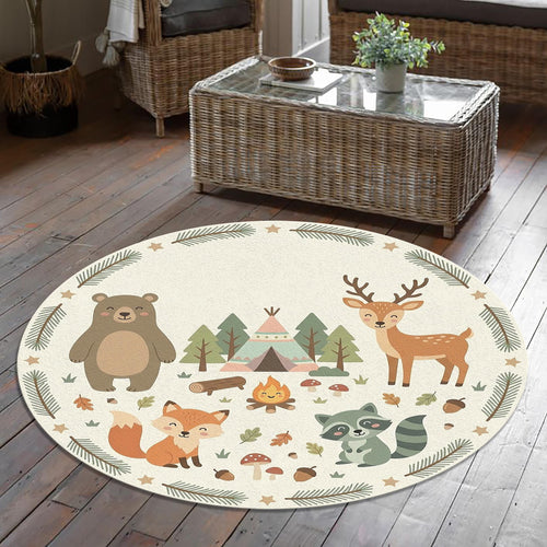 Woodland Animals Kids Round Rug Bear Deer Fox Raccoon Nursery