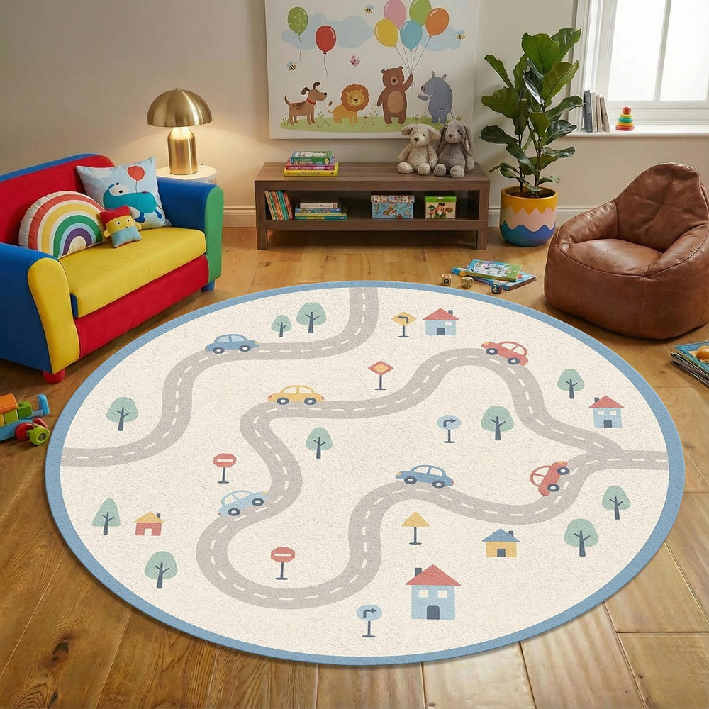 Car Play Kids Round Rug Road Map Nursery Carpet with Cars &