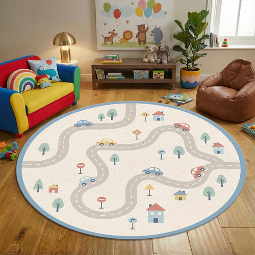 Car Play Kids Round Rug Road Map Nursery Carpet with Cars &