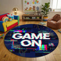 Game On Gaming Round Rug, Glitch Neon Gamer Carpet for Boys Room