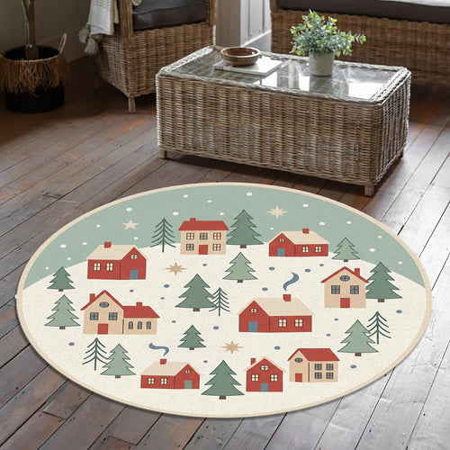 Christmas Village Round Rug Cozy Winter Houses & Pine Trees