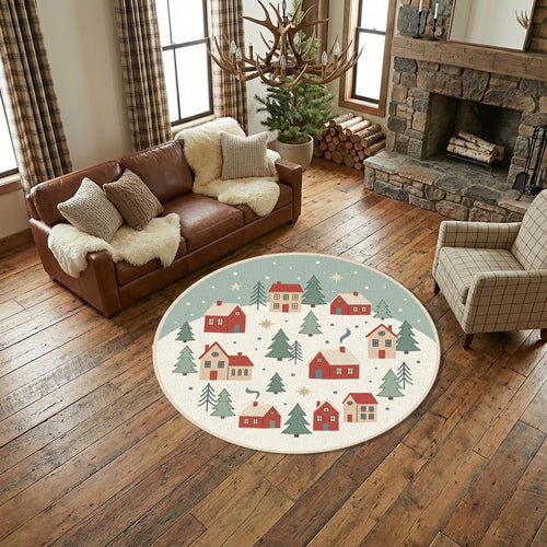 Christmas Village Round Rug Cozy Winter Houses & Pine Trees