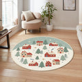 Christmas Village Round Rug Cozy Winter Houses & Pine Trees