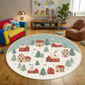 Christmas Village Round Rug Cozy Winter Houses & Pine Trees