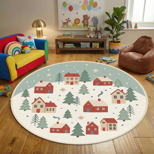 Christmas Village Round Rug Cozy Winter Houses & Pine Trees