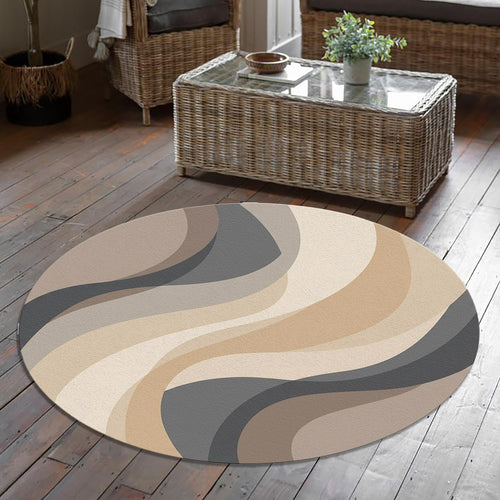 Abstract Neutral Wave Round Rug, Beige Gray Modern Circle Carpet
