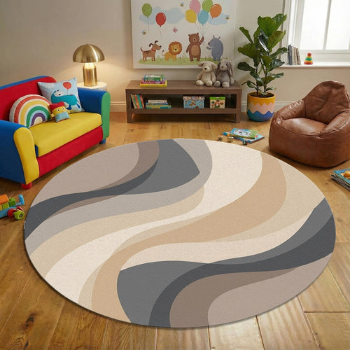 Abstract Neutral Wave Round Rug, Beige Gray Modern Circle Carpet