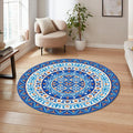 Turkish Tile Round Rug, Blue White Ornamental Mandala Carpet
