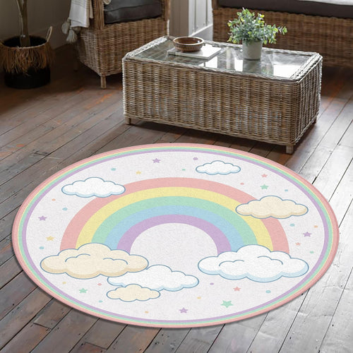 Pastel Rainbow Kids Round Rug, Cute Cloud & Stars Nursery Carpet