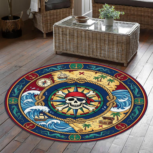 Pirate Treasure Map Kids Rug Nautical Skull Compass Play Mat