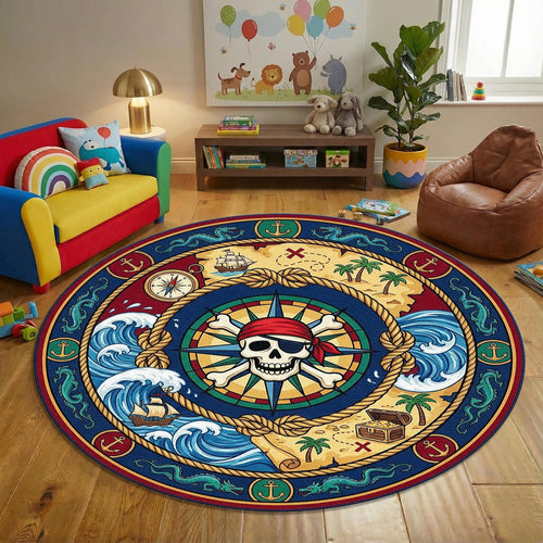 Pirate Treasure Map Kids Rug Nautical Skull Compass Play Mat