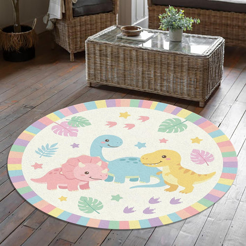 Cute Dinosaur Kids Rug Pastel Dino Nursery Rug, Round Playroom