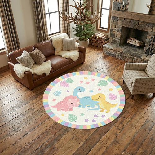 Cute Dinosaur Kids Rug Pastel Dino Nursery Rug, Round Playroom