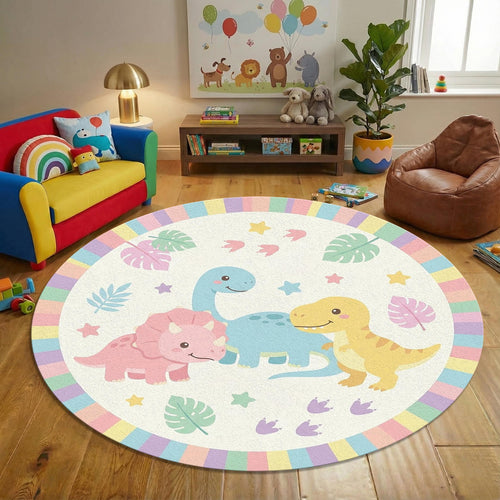 Cute Dinosaur Kids Rug Pastel Dino Nursery Rug, Round Playroom