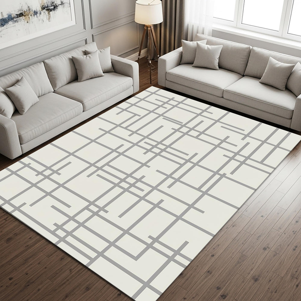Geometric Line Pattern Area Rug, Modern Neutral Printed Rug, Mid