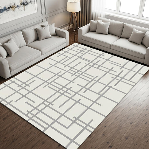 Geometric Line Pattern Area Rug, Modern Neutral Printed Rug, Mid