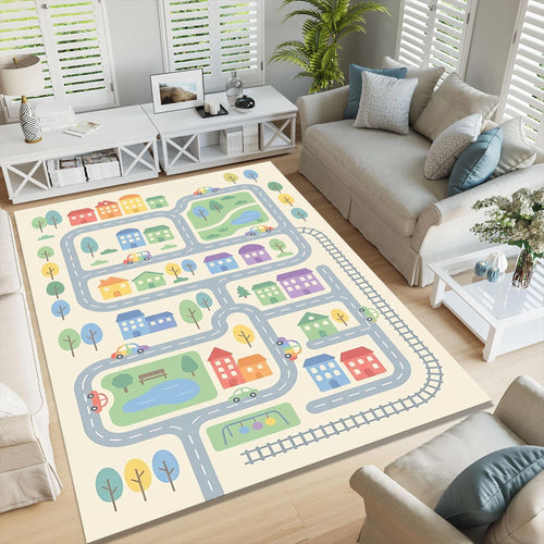 Kids Road Map Rug, Washable Play Mat Rug, Non Slip Nursery &