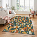 Geometric Patchwork Rug Mid Century Modern Area Mat Retro Teal