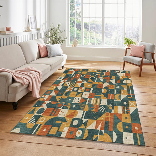 Geometric Patchwork Rug Mid Century Modern Area Mat Retro Teal
