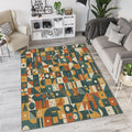 Geometric Patchwork Rug Mid Century Modern Area Mat Retro Teal
