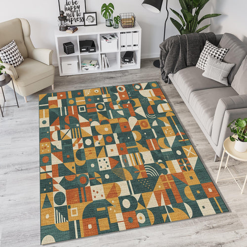Geometric Patchwork Rug Mid Century Modern Area Mat Retro Teal
