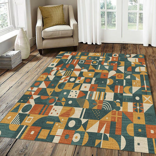 Geometric Patchwork Rug Mid Century Modern Area Mat Retro Teal
