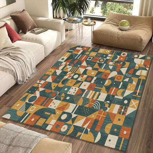 Geometric Patchwork Rug Mid Century Modern Area Mat Retro Teal