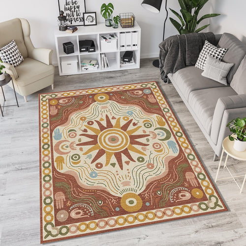Boho Sun Hamsa Rug Spiritual Terracotta Area Mat Modern Mystic