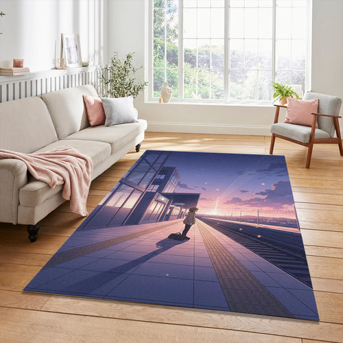 Anime Girl Train Station Rug Lofi Aesthetic Sunset Area Mat