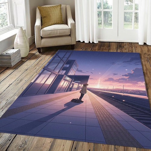 Anime Girl Train Station Rug Lofi Aesthetic Sunset Area Mat
