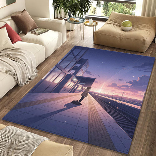 Anime Girl Train Station Rug Lofi Aesthetic Sunset Area Mat