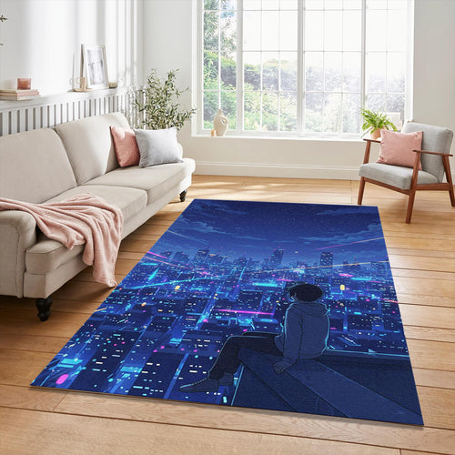 Anime City View Rug Cyberpunk Night Area Mat Lofi Aesthetic