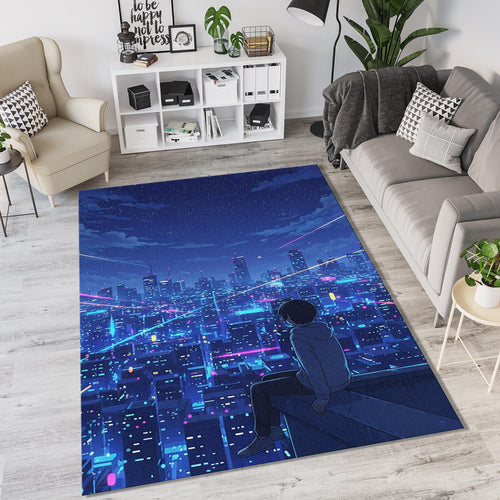 Anime City View Rug Cyberpunk Night Area Mat Lofi Aesthetic