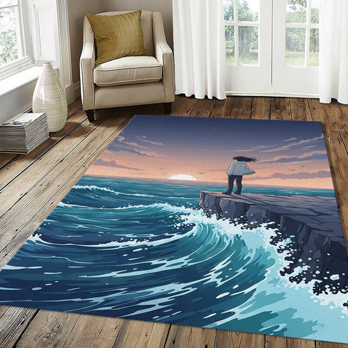Anime Ocean View Rug Aesthetic Cliff Sunset Area Mat Lofi Sea